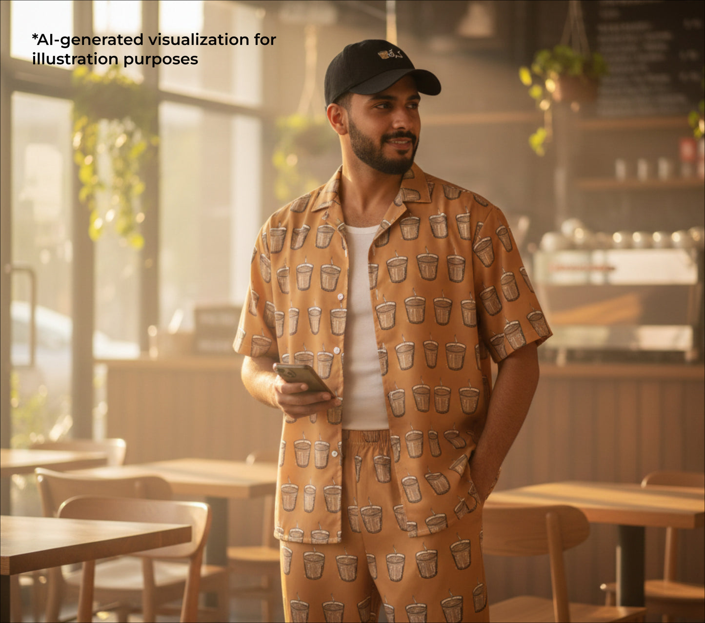 Man wearing a karak patterned outfit in a restaurant setting with