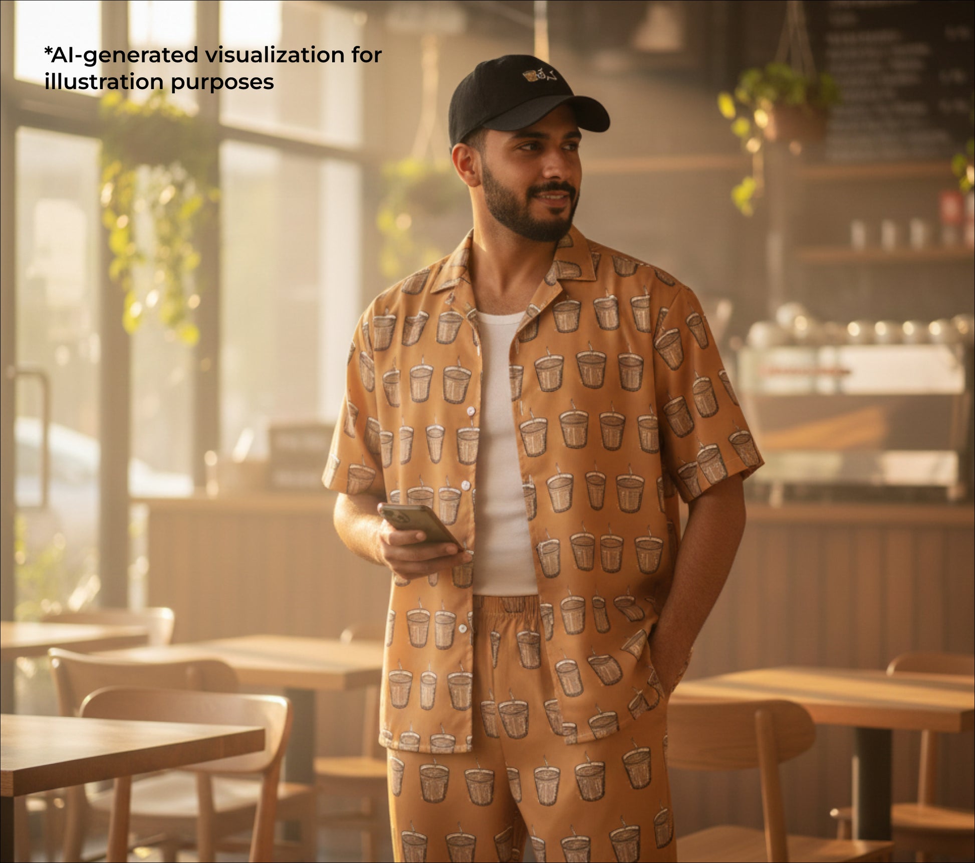 Man wearing a karak patterned outfit in a restaurant setting with