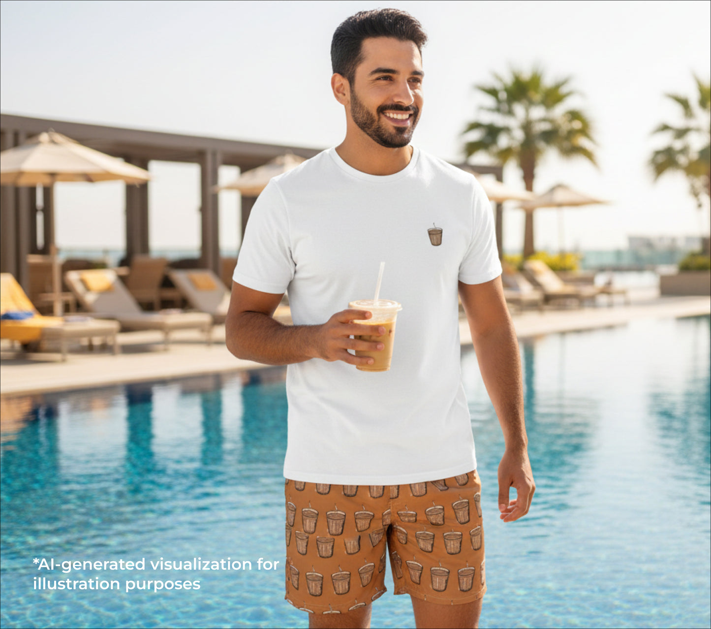 Man holding a drink by a pool with palm trees in the background