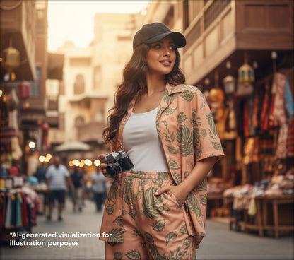 Woman in a leaf patterned outfit holding a camera on a street with shops and people in the background