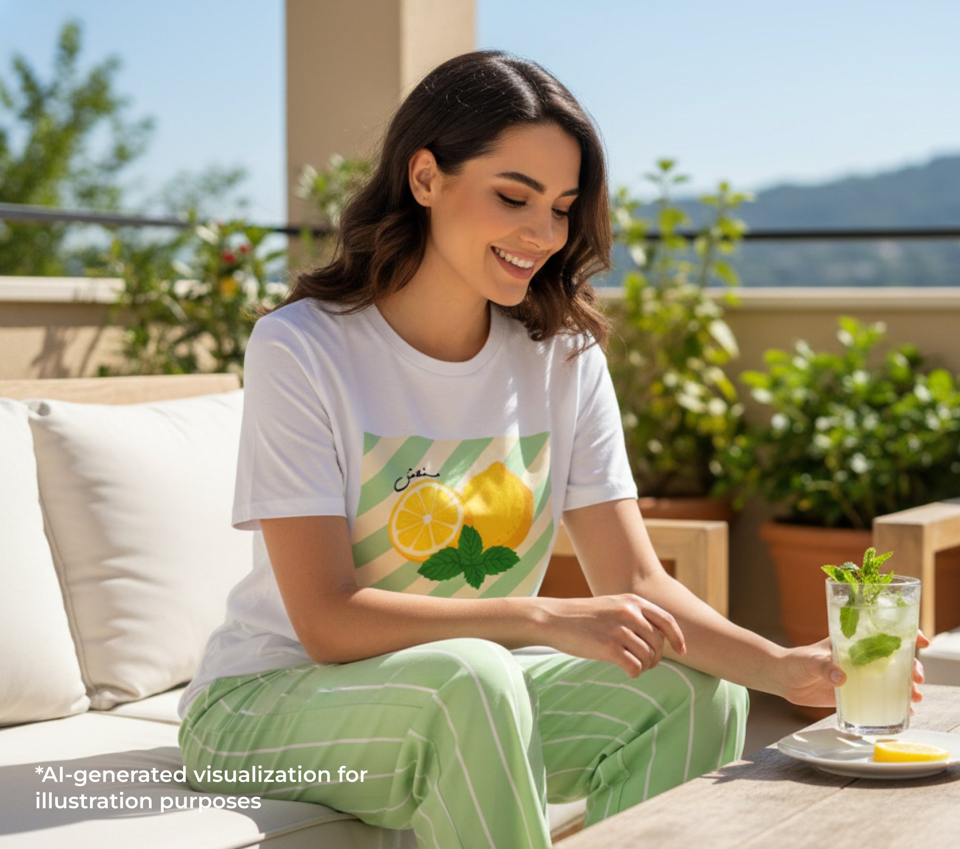 Woman sitting outdoors with a lemon-themed t-shirt, holding a drink.