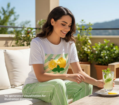Woman sitting outdoors with a lemon-themed t-shirt, holding a drink.