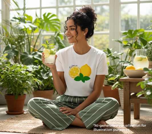 Woman sitting in a sunlit room with plants, holding a glass of lemonade.