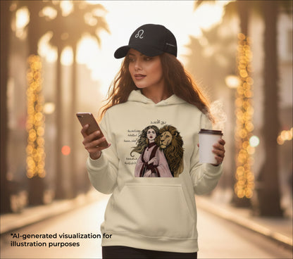 Woman wearing a hoodie with a Leo graphic design, holding a phone and a coffee cup, in a blurred outdoor setting.