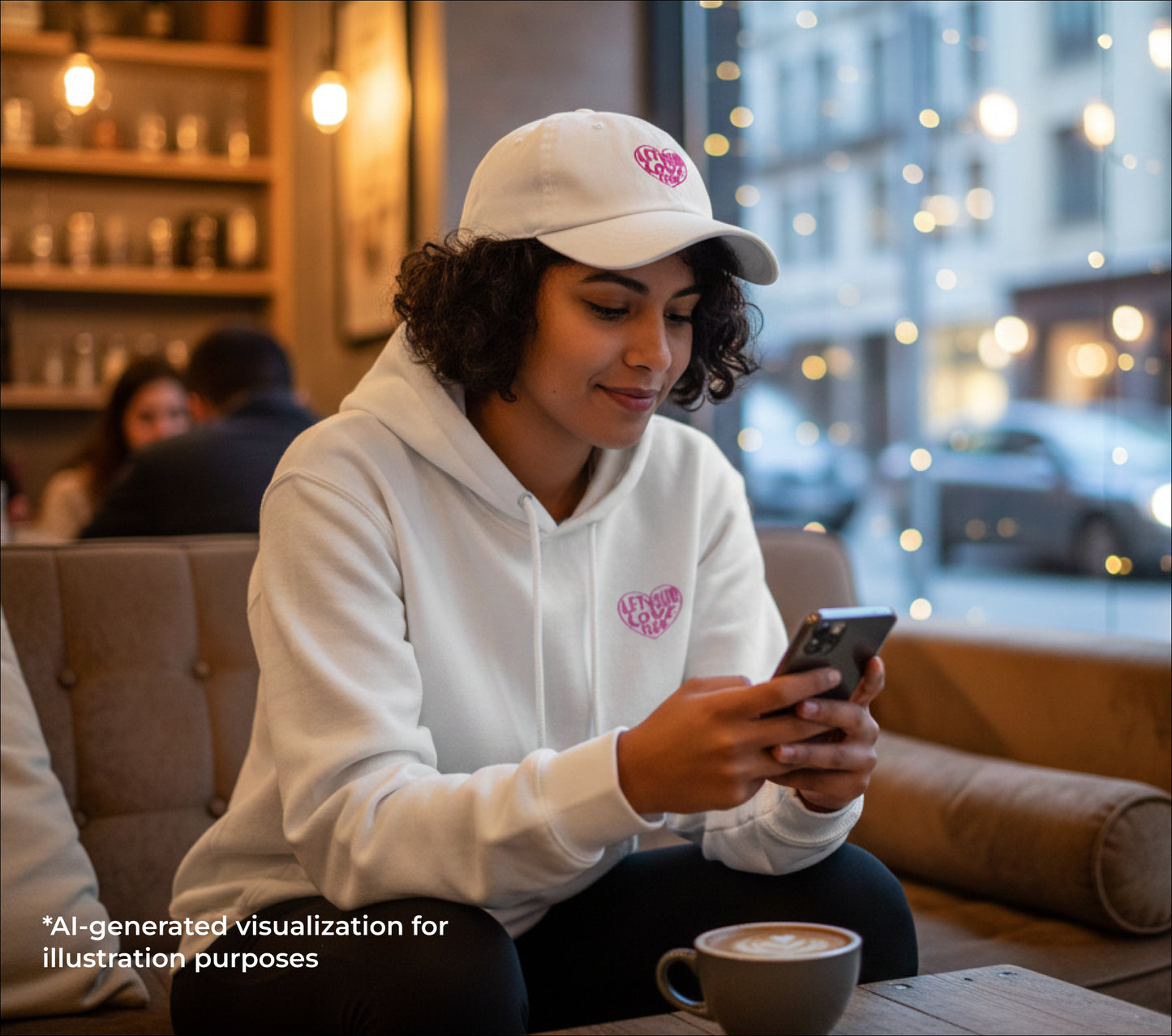 Person wearing a white cap and hoodie, sitting in a cafe looking at a phone.