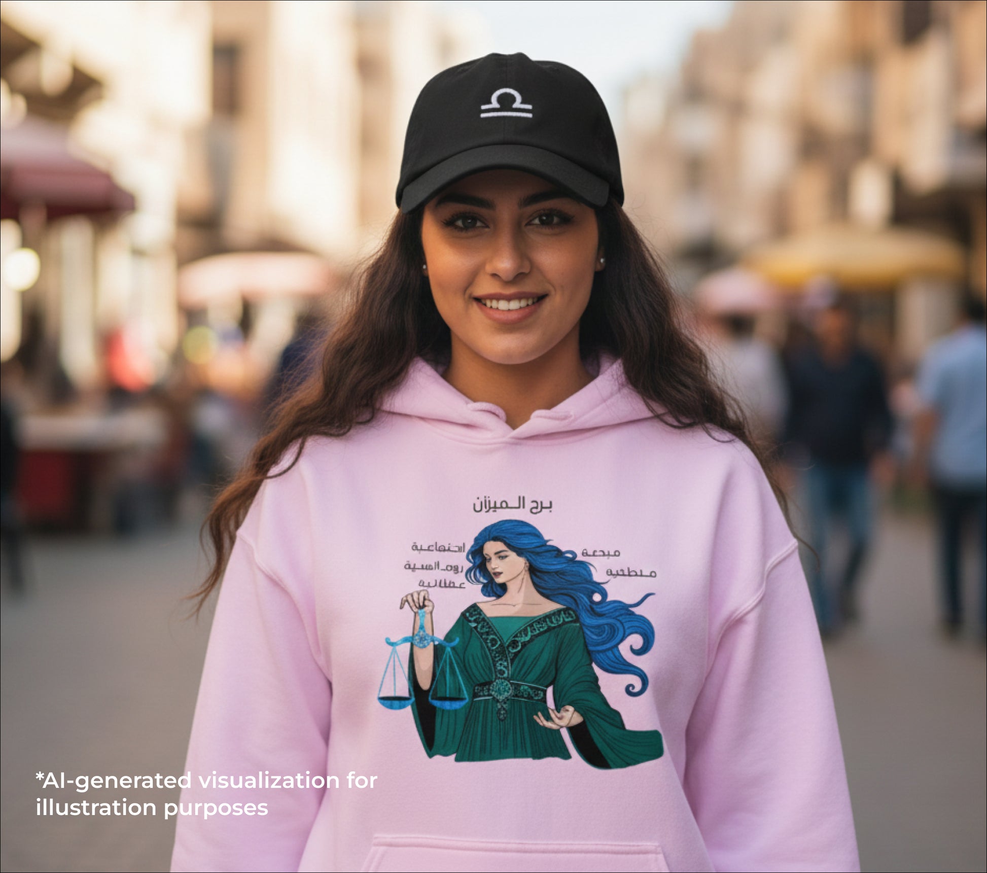 Close-up street photograph of an Arab woman smiling in a pink 'Libra' hoodie and black cap, standing in a busy market or souq.