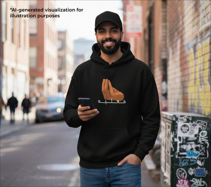 Man wearing a black hoodie with a hand design, standing on a street.
