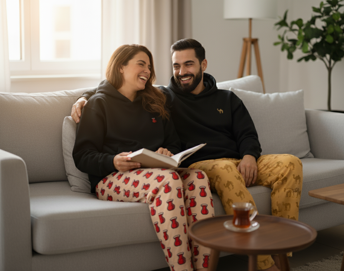 Couple sitting on a couch in a living room, reading a book together.