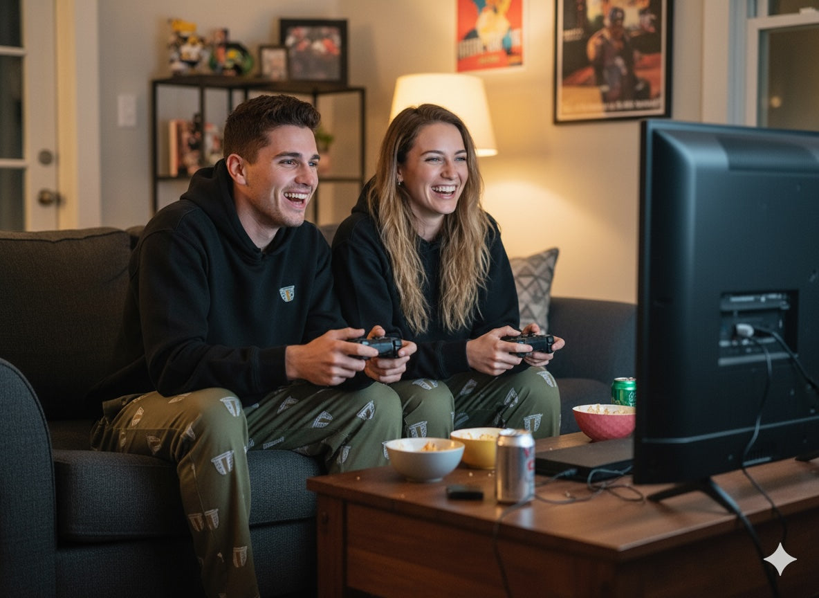 Two people playing video games in a living room.