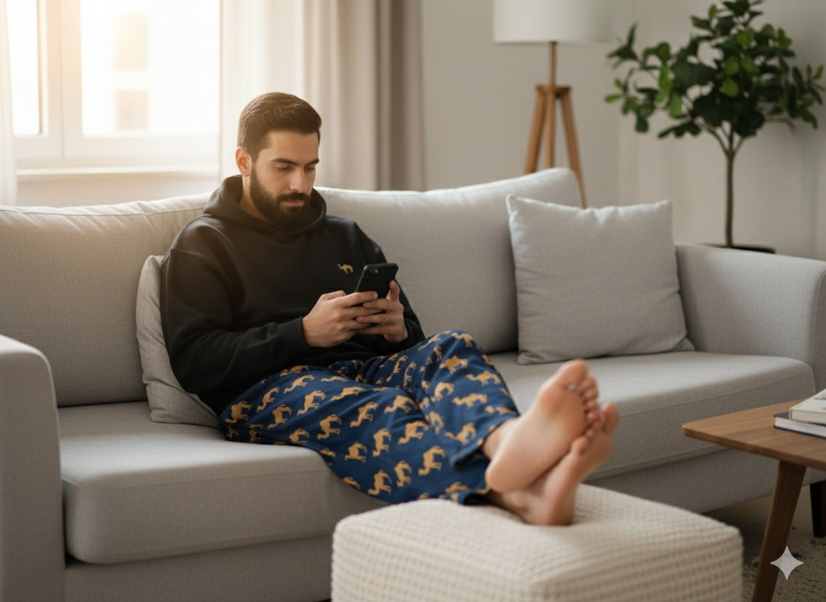 Man sitting on a couch in a living room using a smartphone.