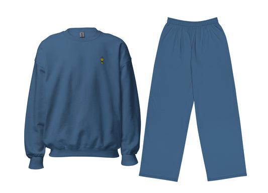 Blue sweatshirt and pants set on a white background