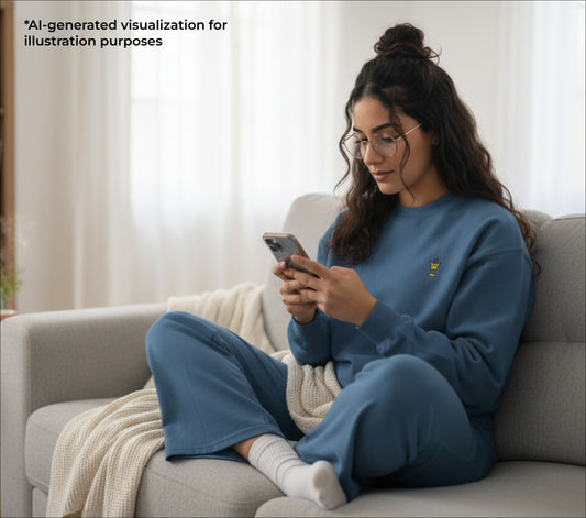 Woman sitting on a couch using a smartphone with a blurred background