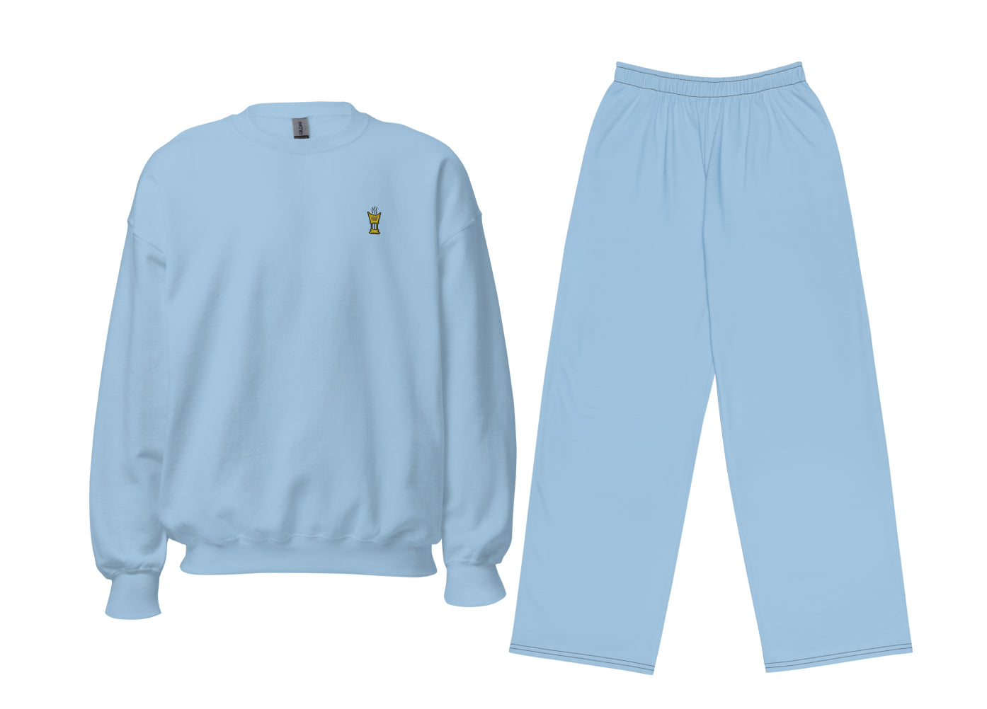Light blue sweatshirt and pants set on a white background
