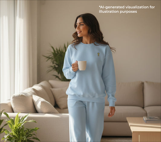 Woman in light blue loungewear set holding a mug in a living room.