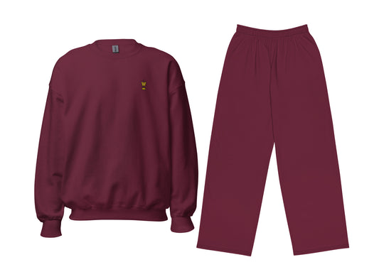 Maroon sweatshirt and pants set on a white background
