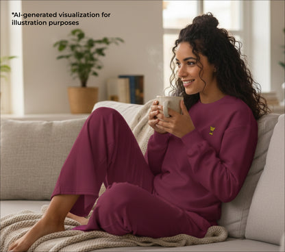 Woman in a maroon loungewear holding a mug on a couch 