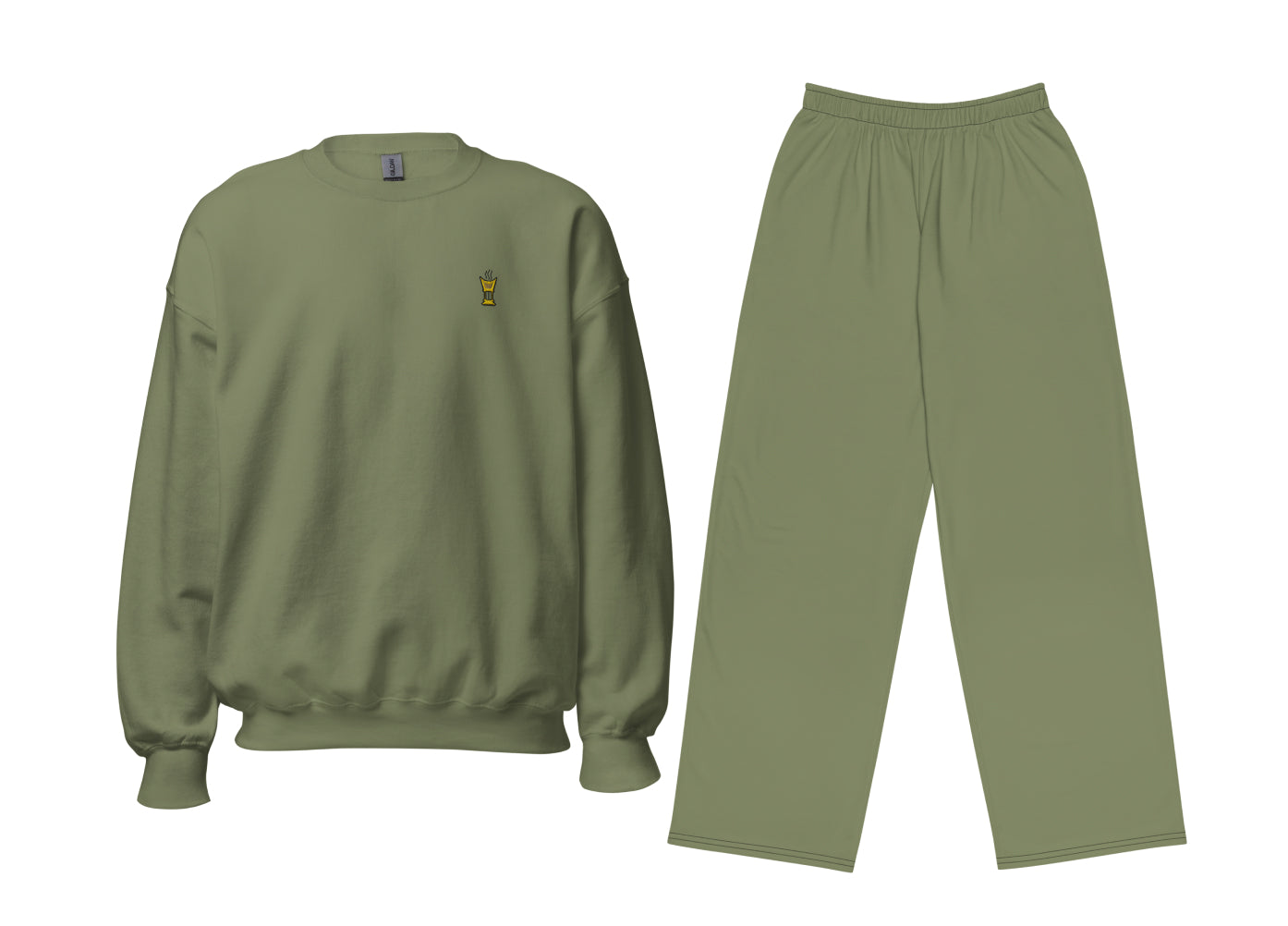 Military green sweatshirt and pants set on a white background