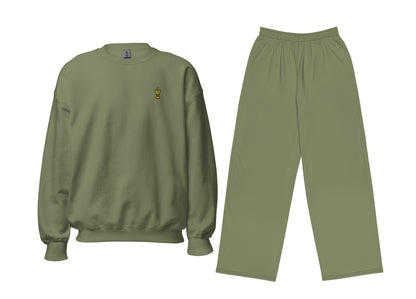 Military green sweatshirt and pants set on a white background