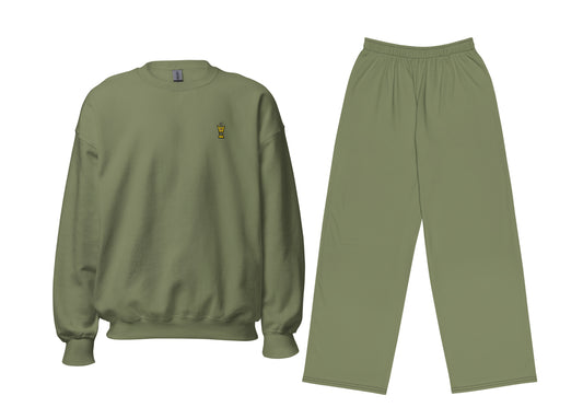 Military green sweatshirt and pants set on a white background