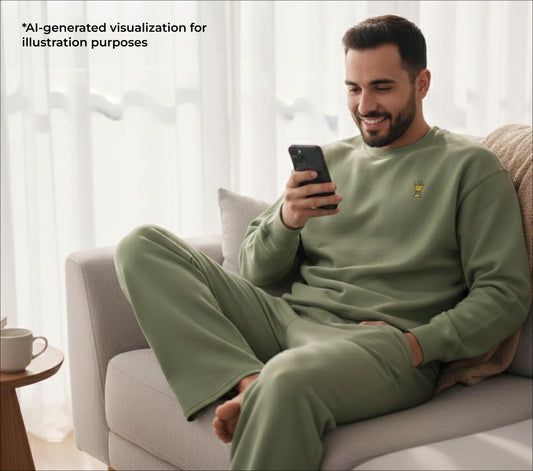 Man in green loungewear sitting on a couch using a smartphone