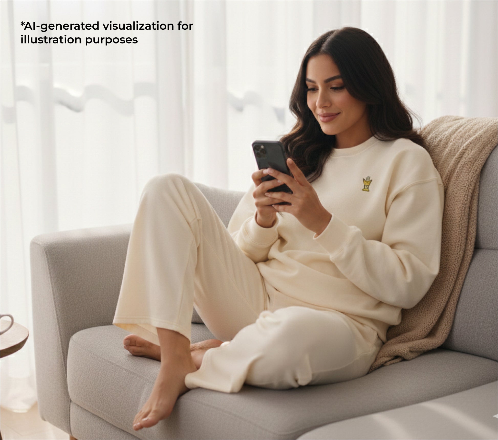 Woman in a sand-colored outfit sitting on a couch using a smartphone