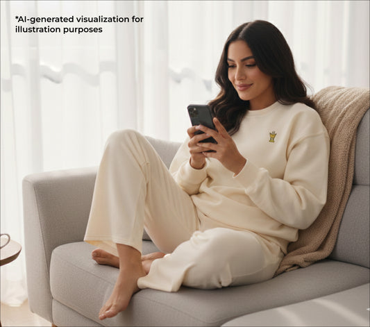 Woman in a sand-colored outfit sitting on a couch using a smartphone