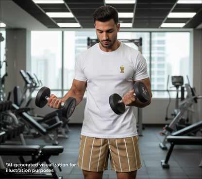 Man exercising with dumbbells in a gym setting