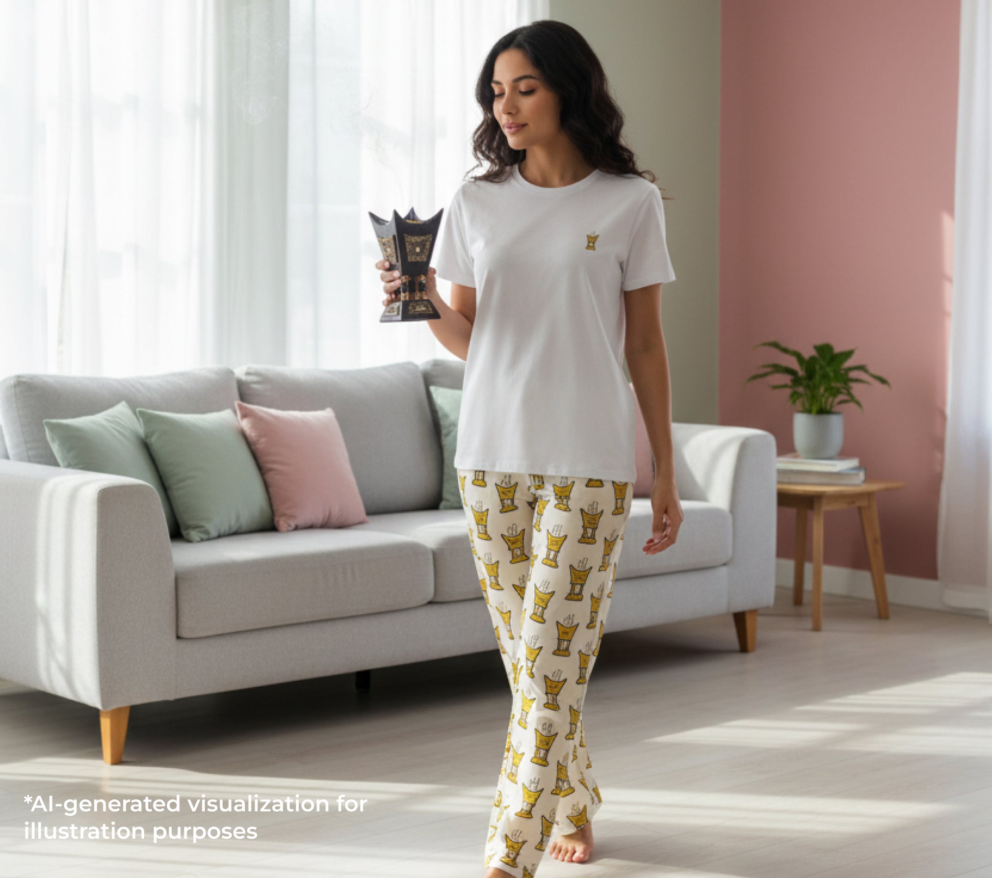 Woman in a white t-shirt and patterned pants standing in a living room.