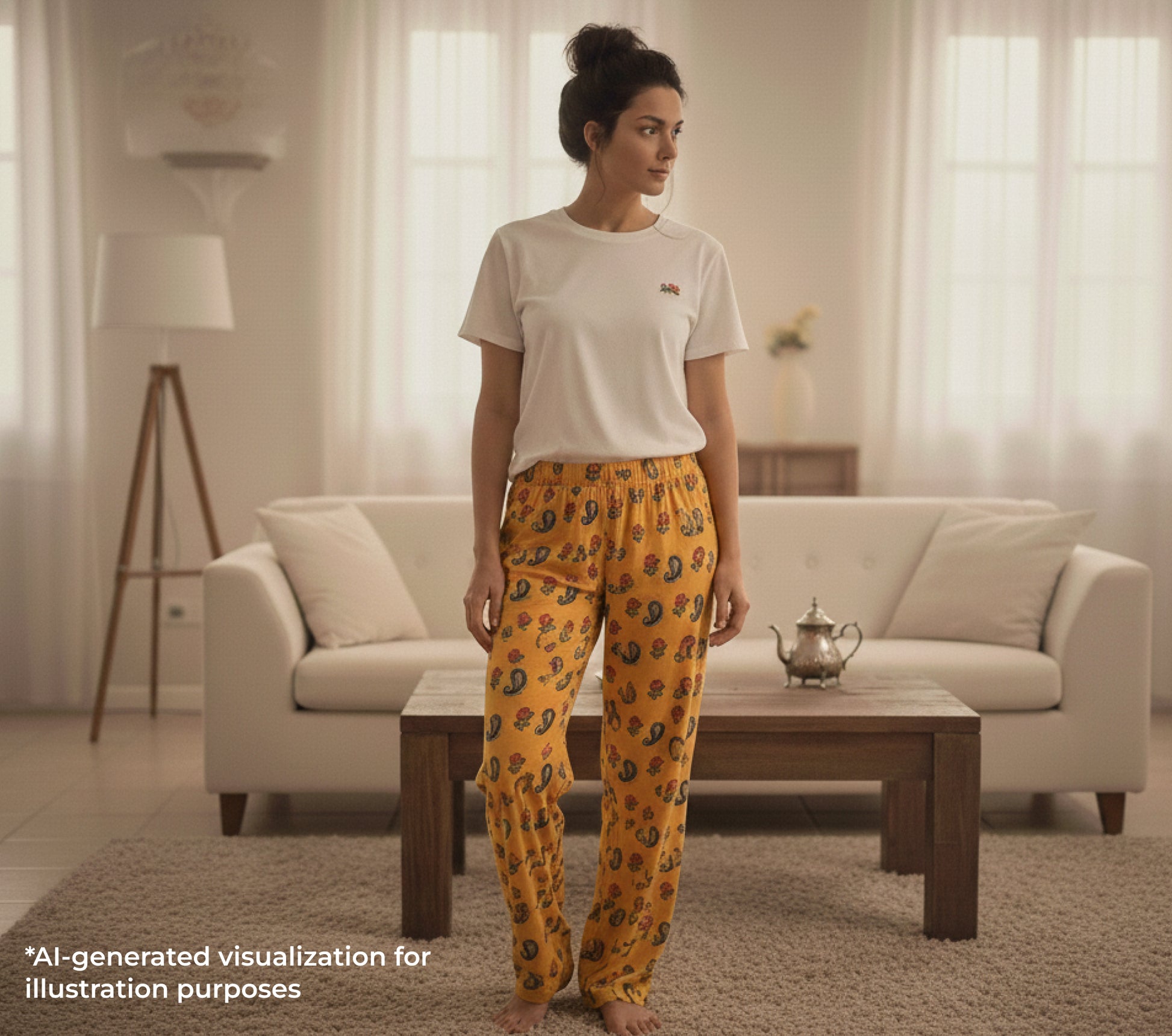 Woman wearing a white t-shirt and yellow patterned pants in a living room.
