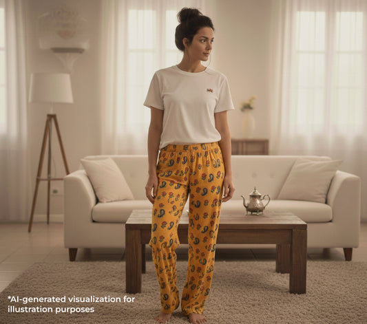 Woman wearing a white t-shirt and yellow patterned pants in a living room.