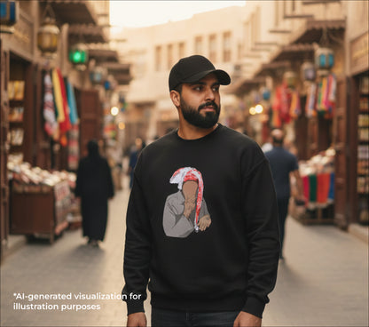Man wearing a black sweatshirt with an old man graphic design in a market setting