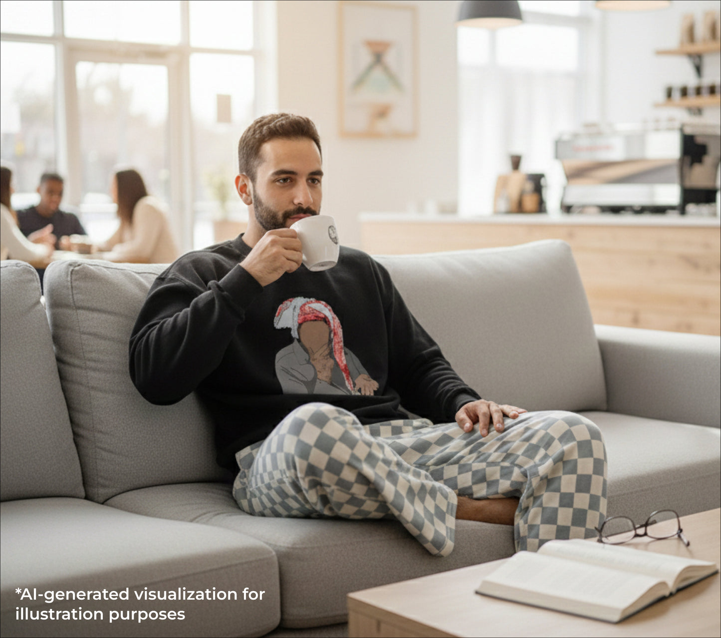Man sitting on a couch holding a mug in a cozy living room.