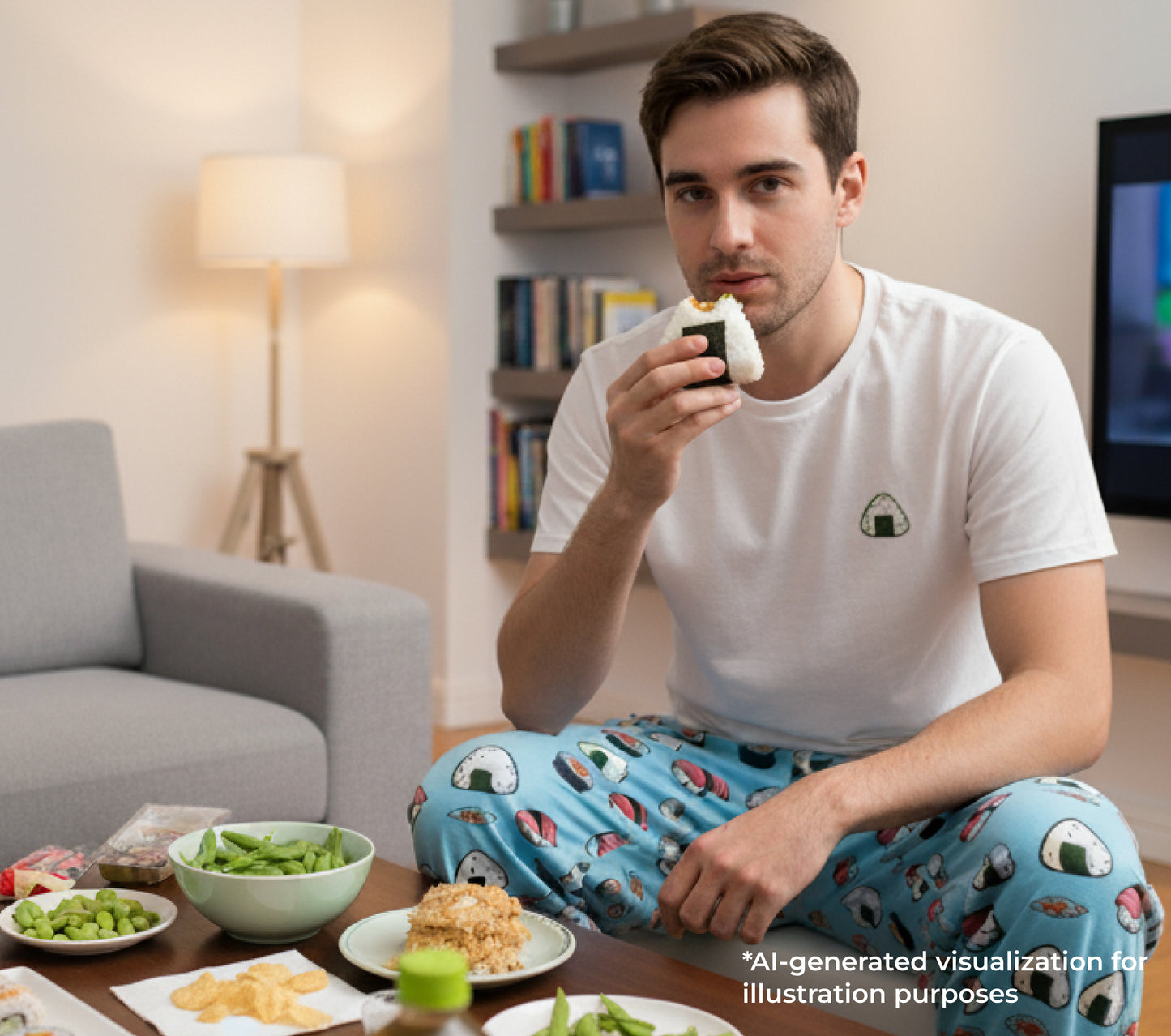 Man in pants sitting on a couch eating a onigiri in a living room.