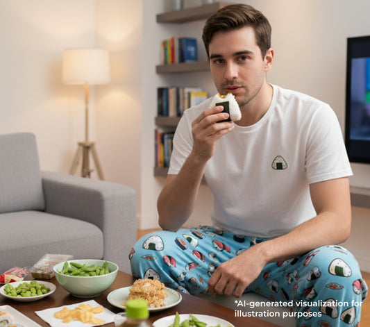 Man in pants sitting on a couch eating a onigiri in a living room.