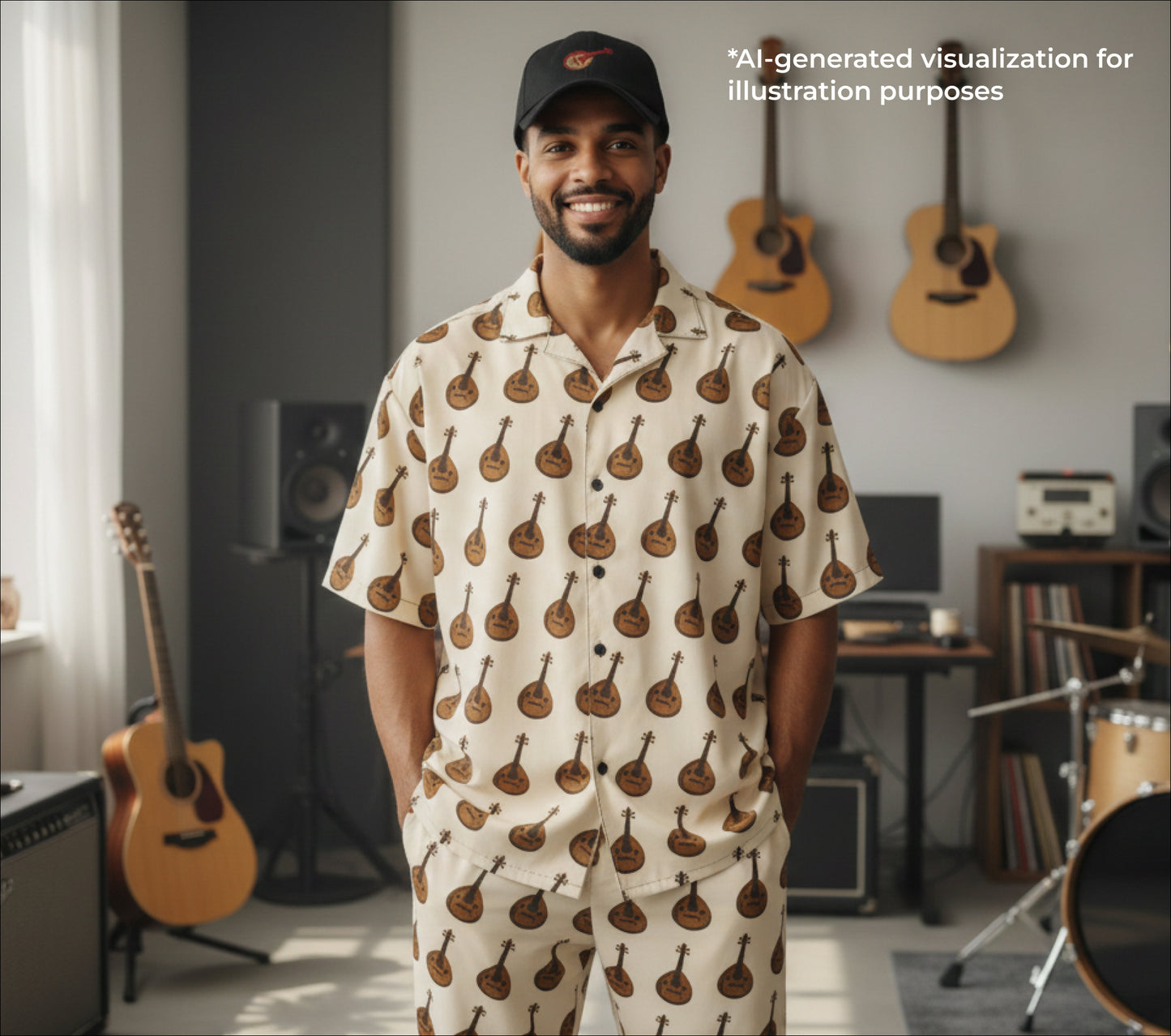 Man wearing a shirt with oud instrument pattern in a room with musical instruments