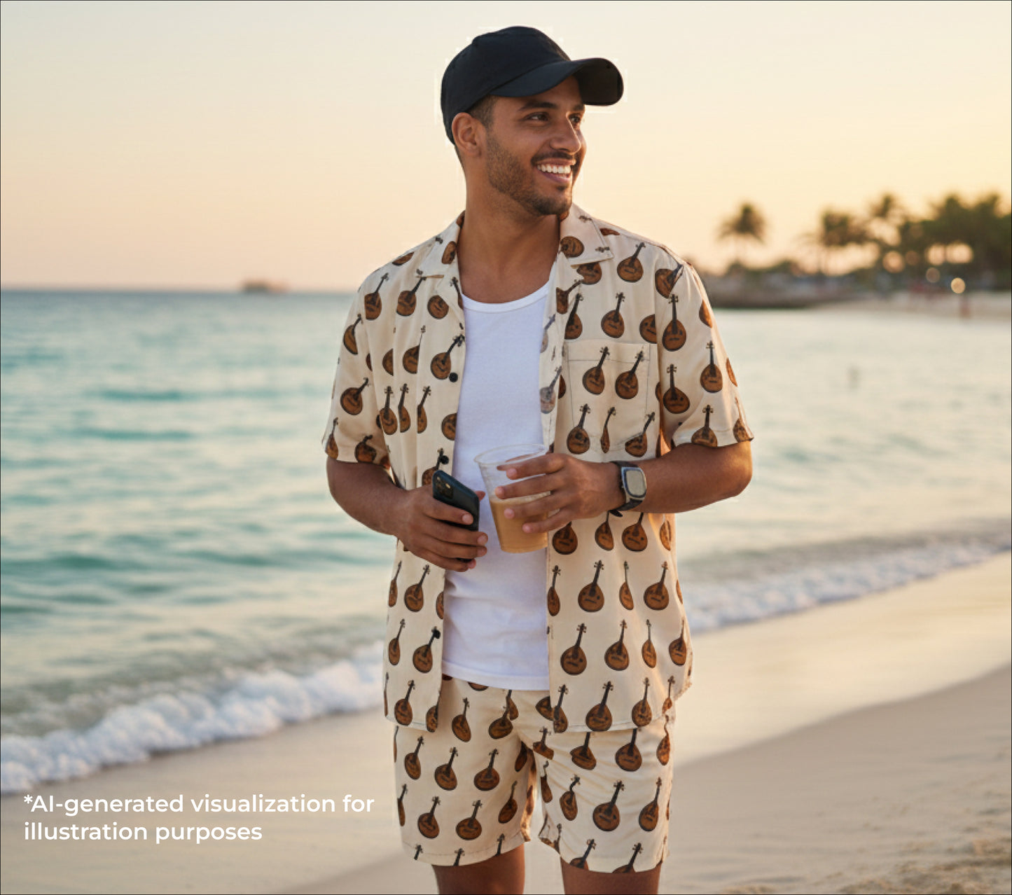 Man in a oud instrument patterned shirt and shorts standing on a beach with ocean and sunset in the background.