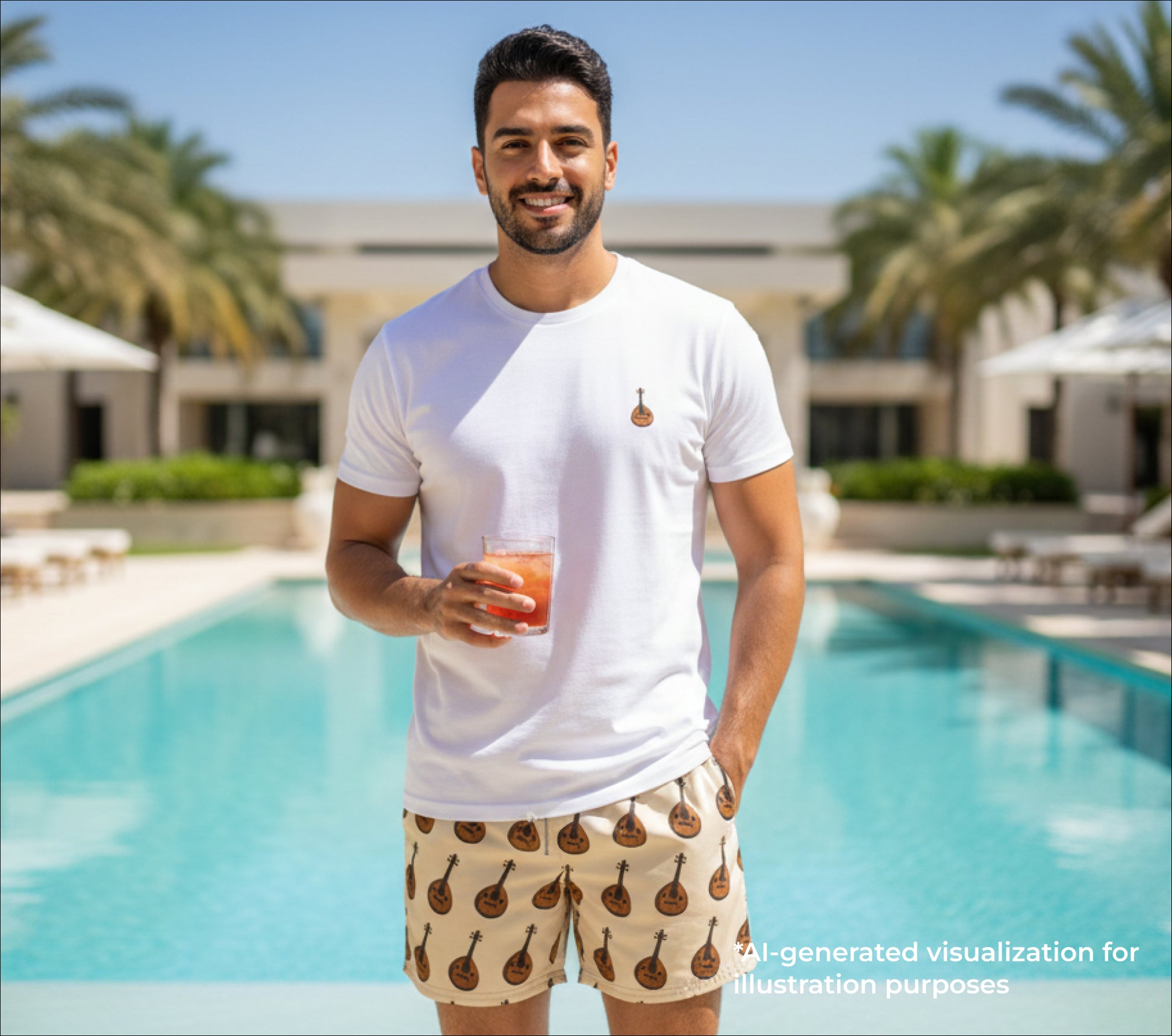 Man in a white t-shirt and Oud instrument patterned shorts standing by a pool with palm trees in the background