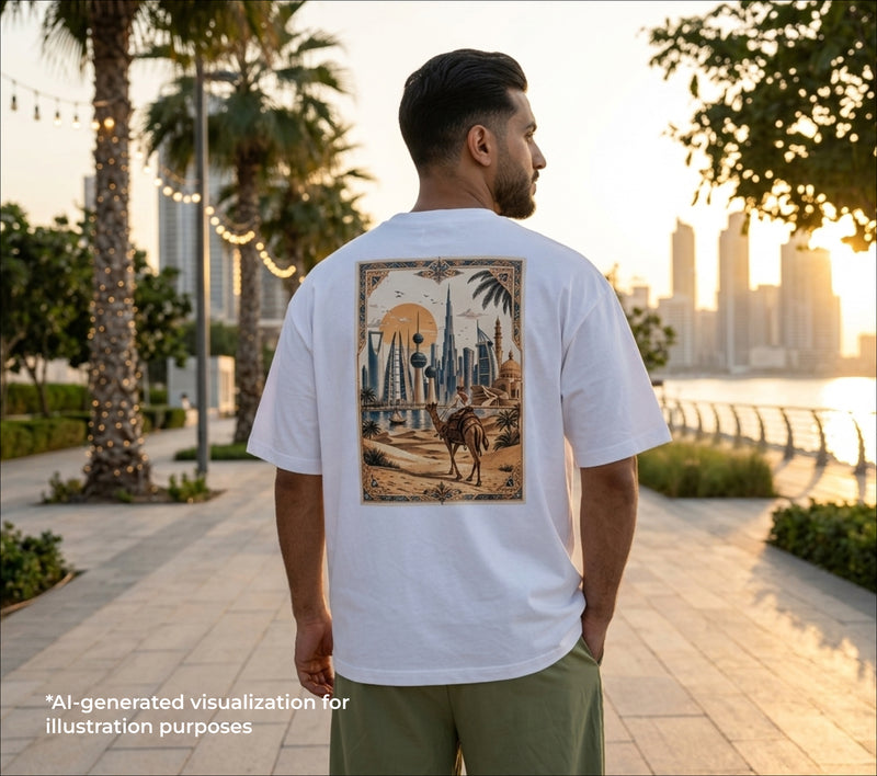 Man wearing a white t-shirt with a graphic design of a cityscape and camel, standing in an urban setting with palm trees and buildings.