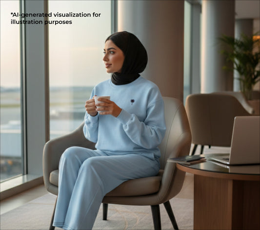 Woman in a light blue outfit sitting in an airport lounge setting holding a cup.