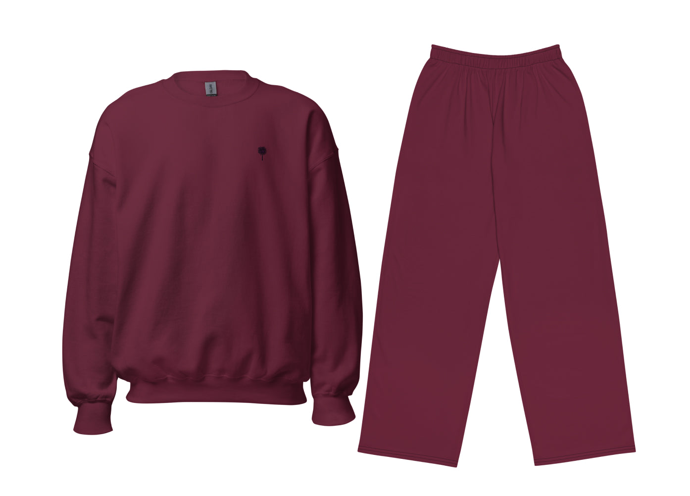 Maroon sweatshirt and pants set on a white background