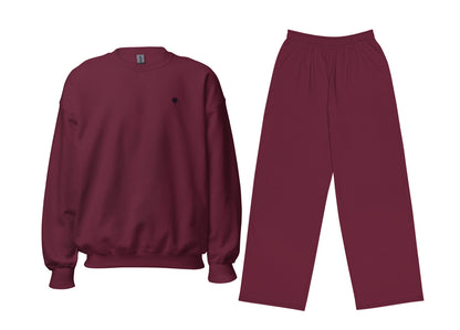 Maroon sweatshirt and pants set on a white background
