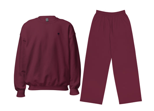 Maroon sweatshirt and pants set on a white background