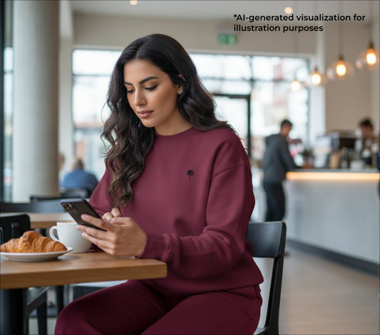 Woman in a maroon outfit using a smartphone in a cafe.