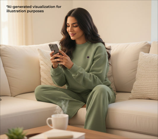 Woman in green loungewear with an embroidered palm tree on the sweatshirt sitting on a beige couch using a phone.