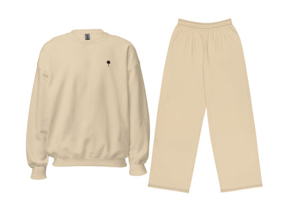 sand sweatshirt and pants set on a white background