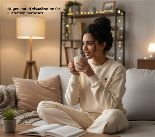 Woman sitting on a couch holding a mug in a cozy living room.