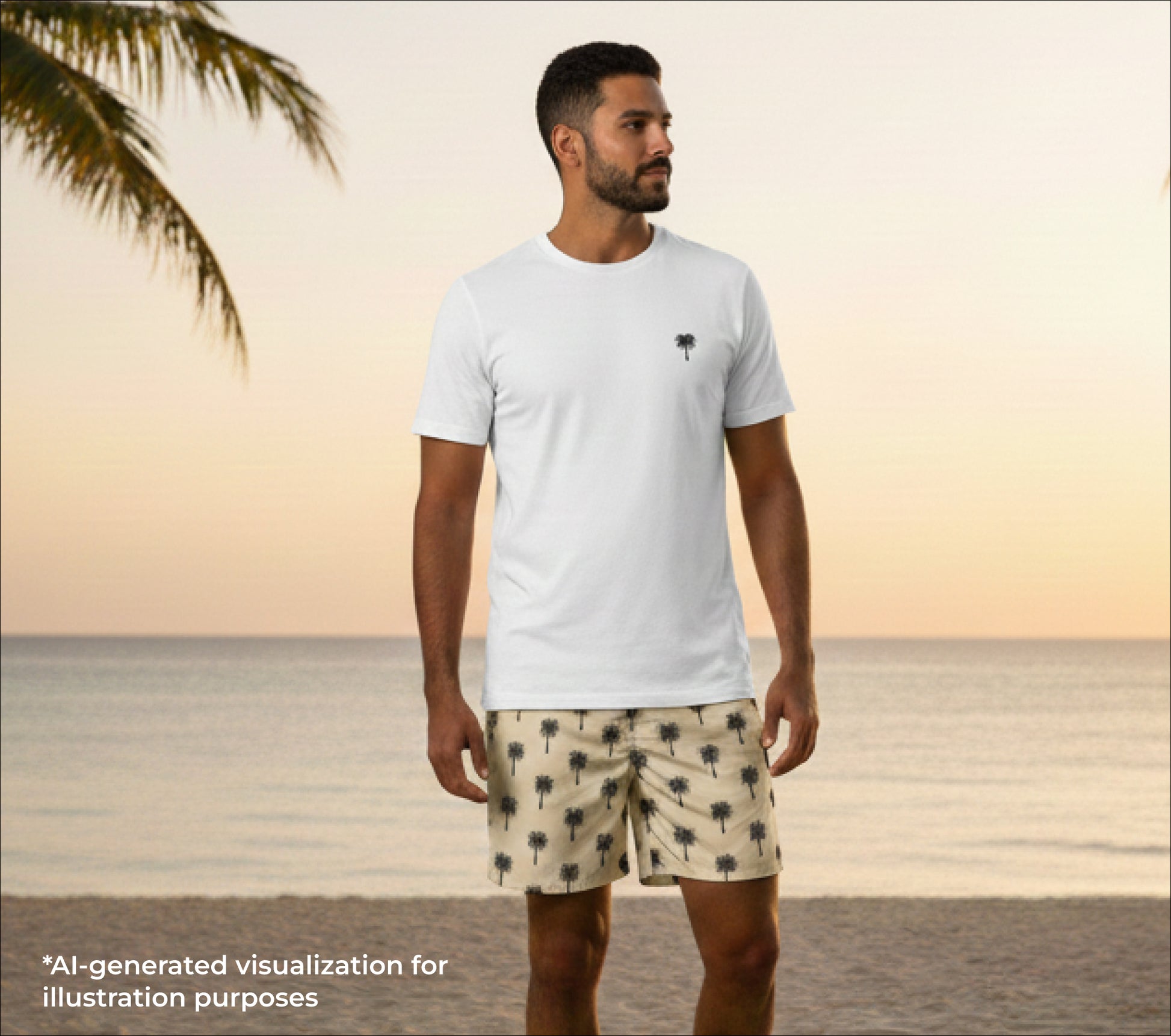 Man wearing a white t-shirt and patterned shorts standing on a beach with palm trees.