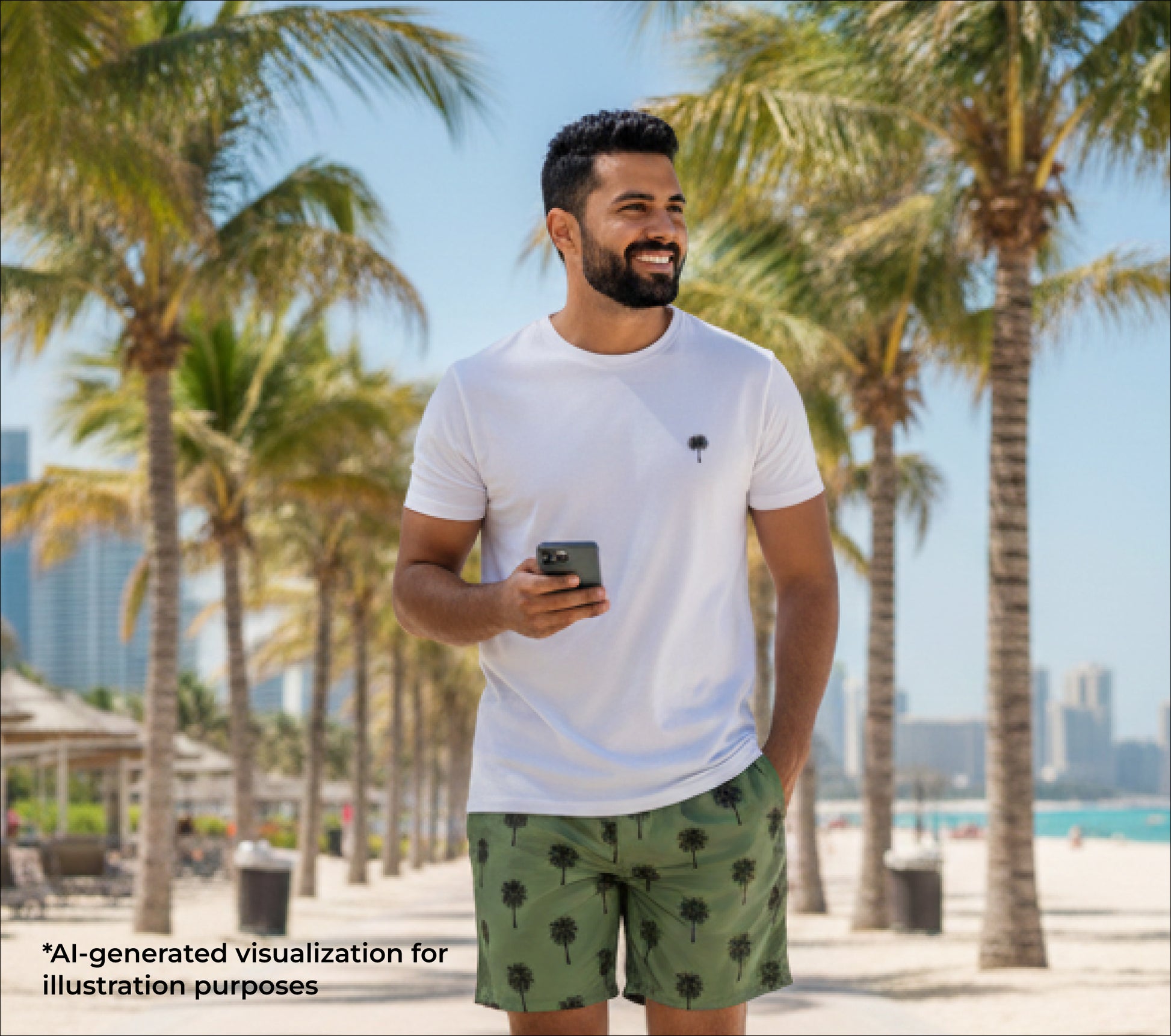 Man standing on a beach with palm trees and a city skyline in the background