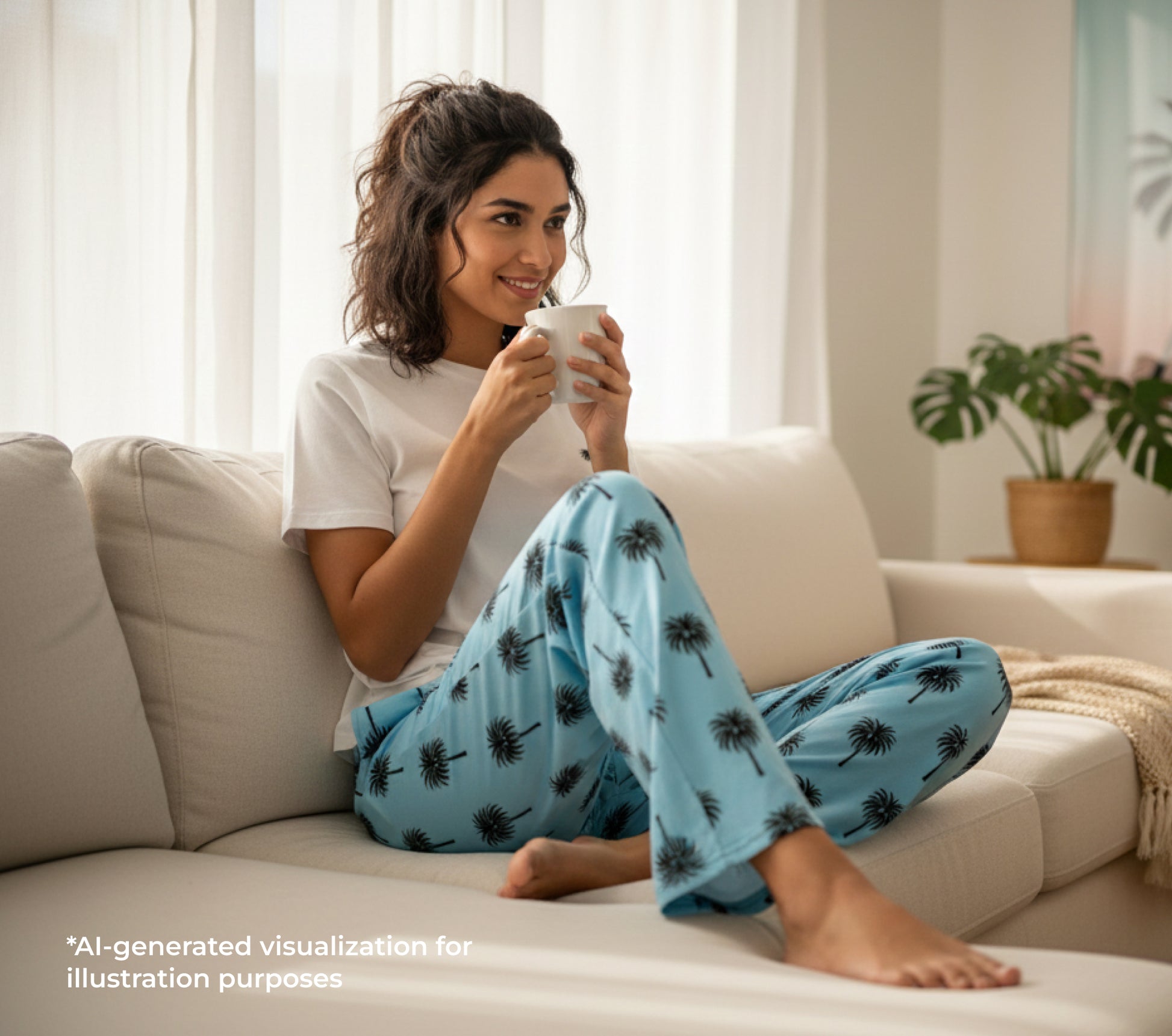 Woman sitting on a couch holding a mug in a cozy living room.