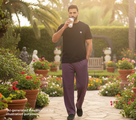 Man walking through a garden holding a coffee cup, with 'AI-generated Visualization' text overlay.